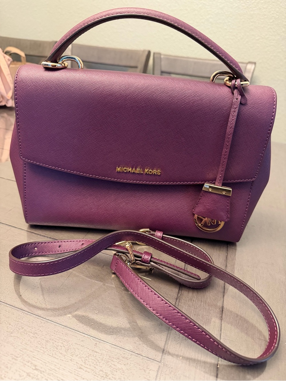 Michael Kors Purple Saffiano Leather Satchel with Detachable Strap